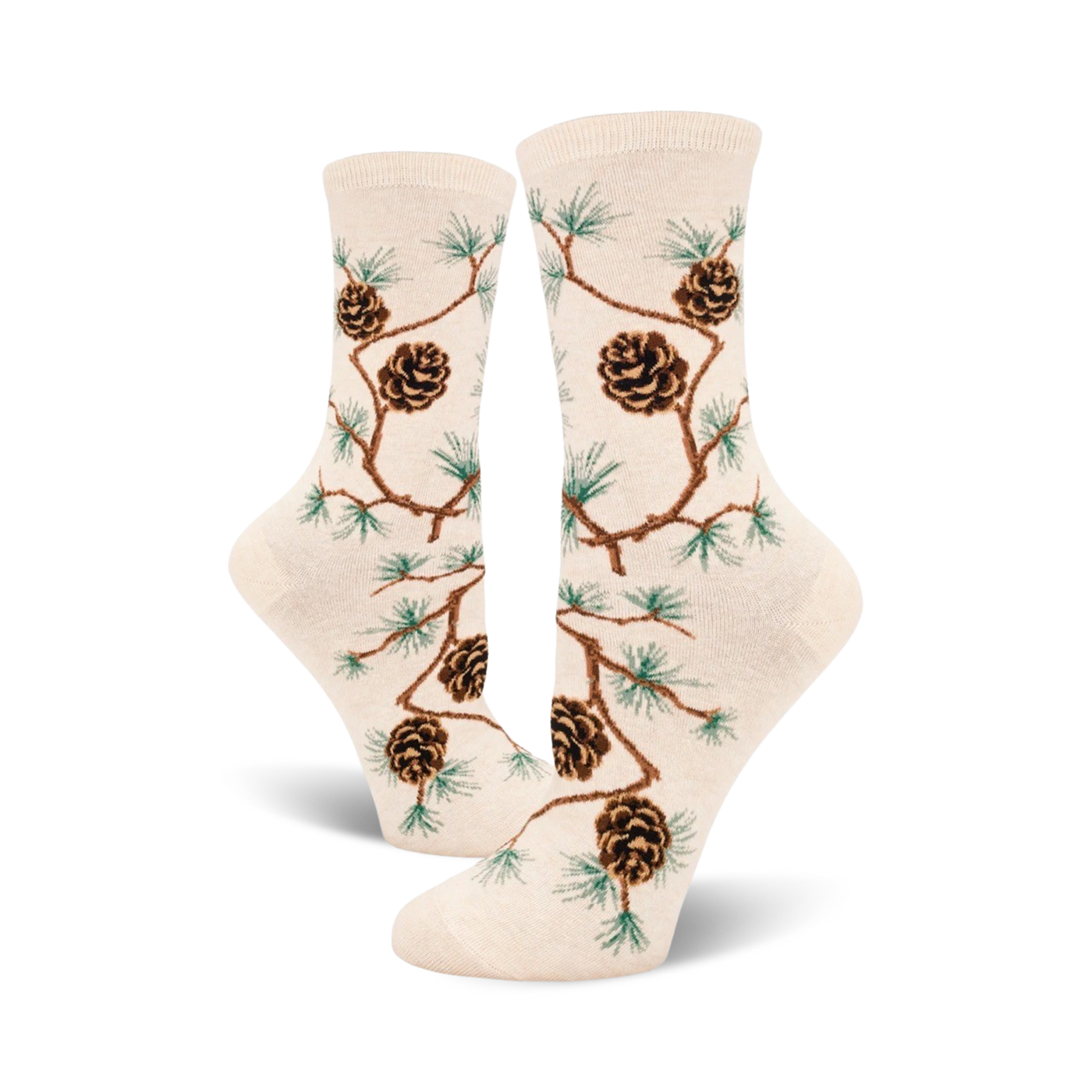 Cream crew socks with a repeating pattern of brown pinecones and green pine branches. Nature-inspired design.