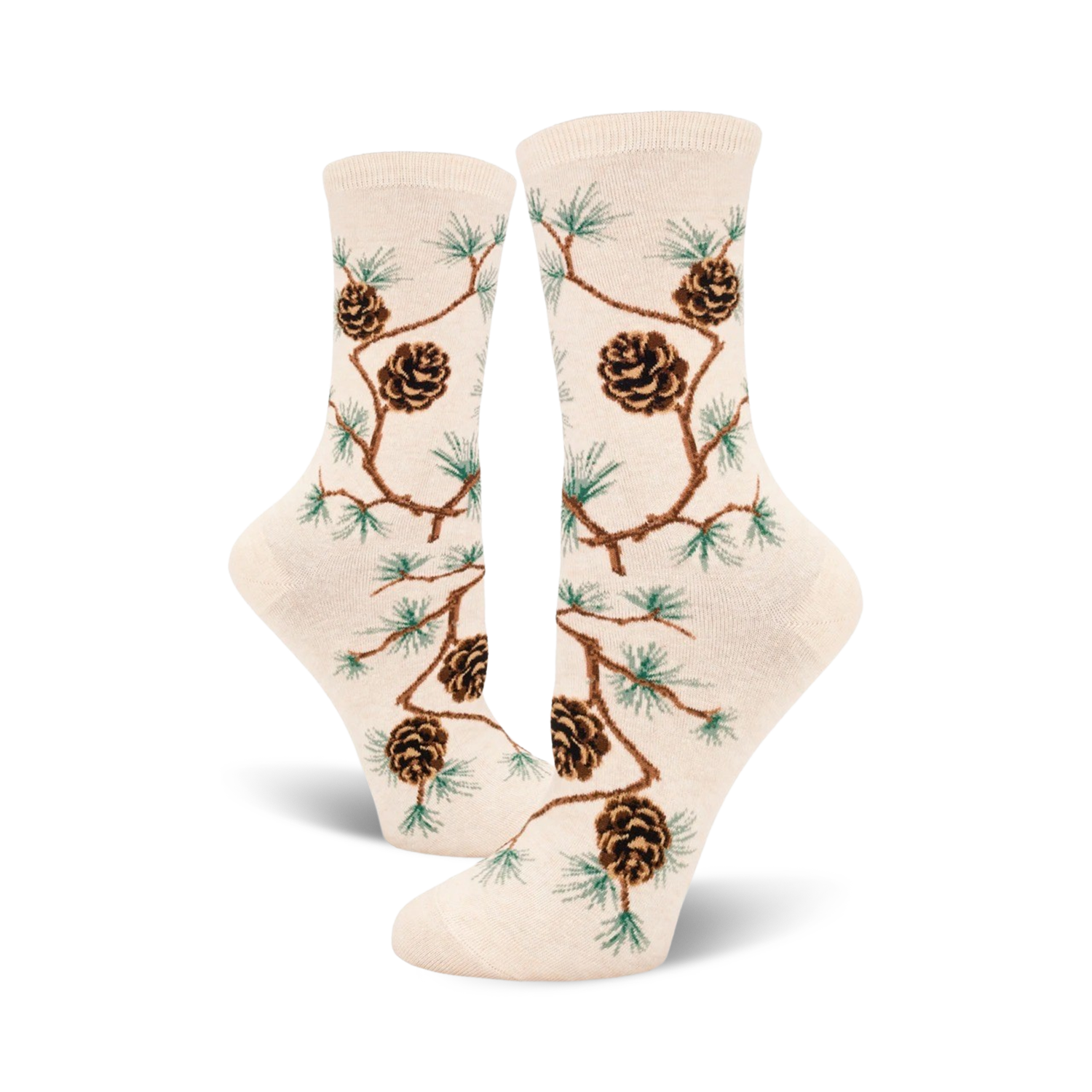 Cream crew socks with a repeating pattern of brown pinecones and green pine branches. Nature-inspired design.