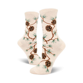 off-white crew socks featuring brown pinecones and green pine needles on a branch. perfect for women who love nature-inspired fashion.  