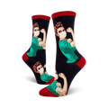 Crew socks featuring a Rosie the Riveter illustration wearing a mask. The socks are predominantly black with teal accents and red cuffs.