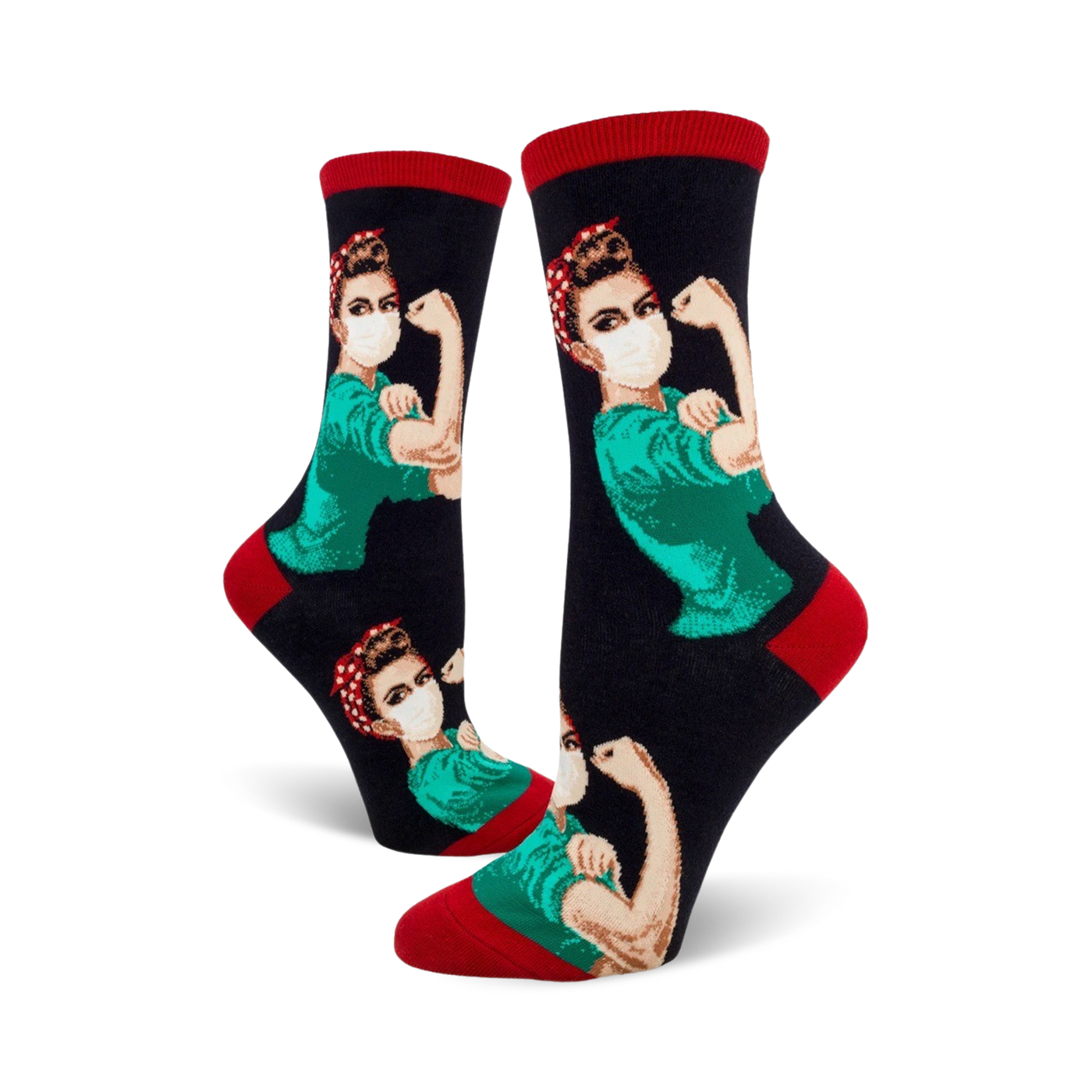 Crew socks featuring a Rosie the Riveter illustration wearing a mask. The socks are predominantly black with teal accents and red cuffs.