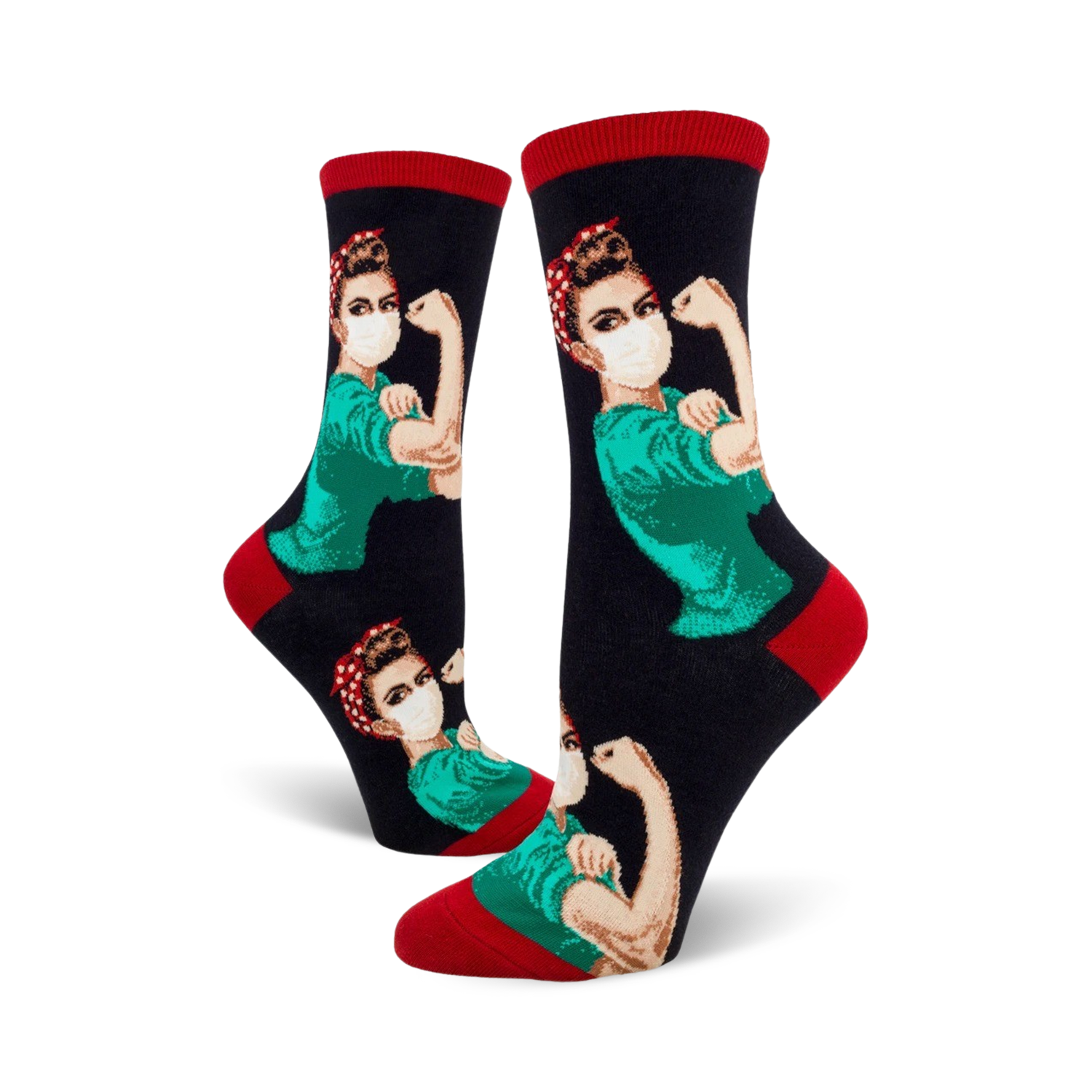 Crew socks featuring a Rosie the Riveter illustration wearing a mask. The socks are predominantly black with teal accents and red cuffs.