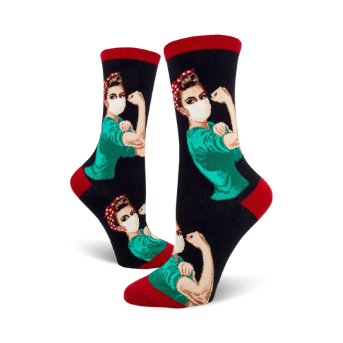 Crew socks featuring a Rosie the Riveter illustration wearing a mask. The socks are predominantly black with teal accents and red cuffs.