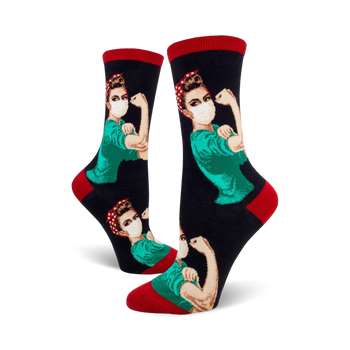 rosie the riveter nurse socks with flexed arm in green, white, and red. crew length. for women.  