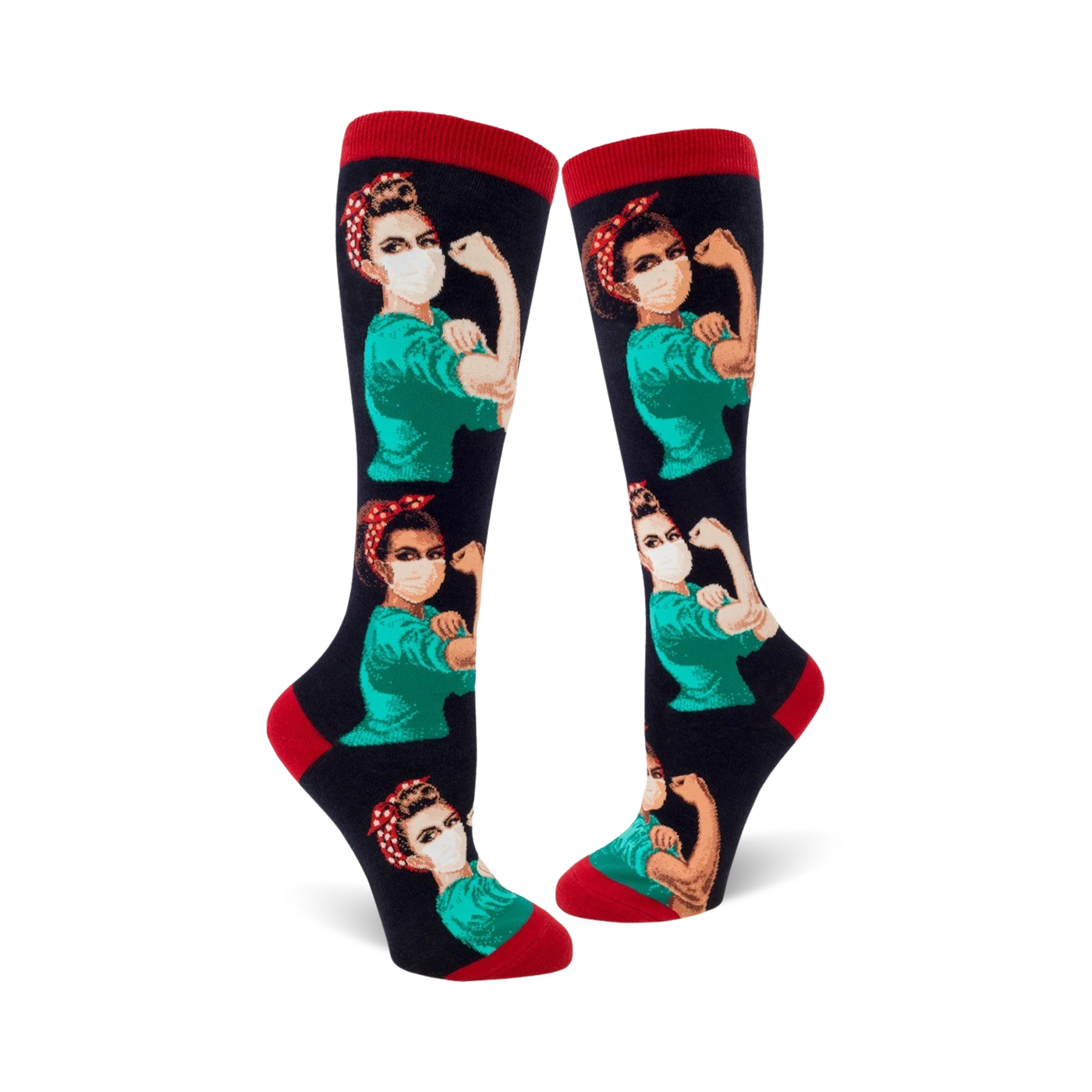 Knee-high socks with a repeating pattern of Rosie the Riveter wearing a face mask, in teal, red, and black.