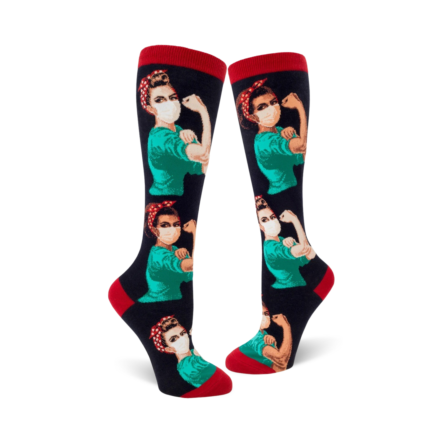 Knee-high socks with a repeating pattern of Rosie the Riveter wearing a face mask, in teal, red, and black.