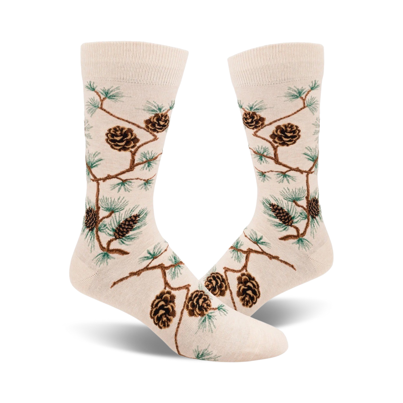 A pair of cream-colored crew socks adorned with a pattern of brown pinecones and green pine branches. The design is a whimsical, nature-inspired motif.