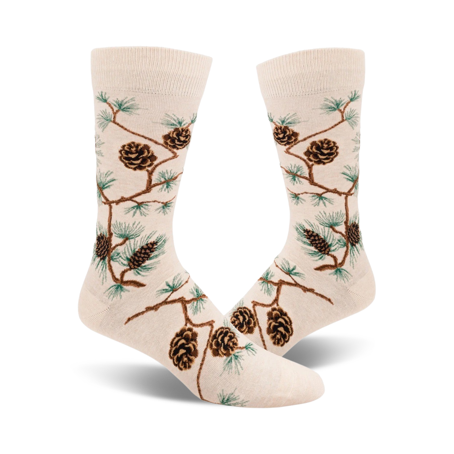 A pair of cream-colored crew socks adorned with a pattern of brown pinecones and green pine branches. The design is a whimsical, nature-inspired motif.