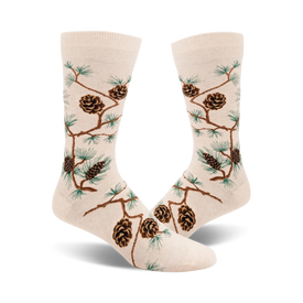 white crew socks with brown pine cones and green pine needles pattern, men's.  