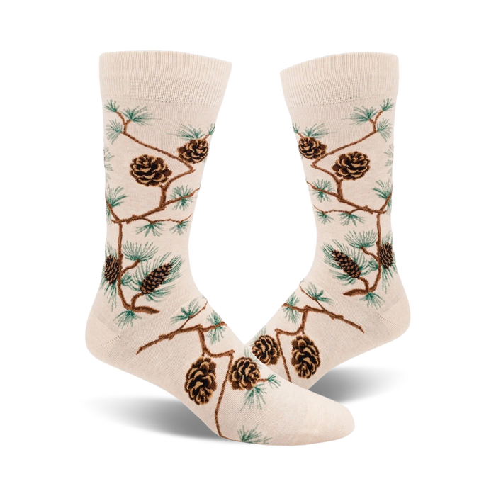 white crew socks with brown pine cones and green pine needles pattern, men's.   }}