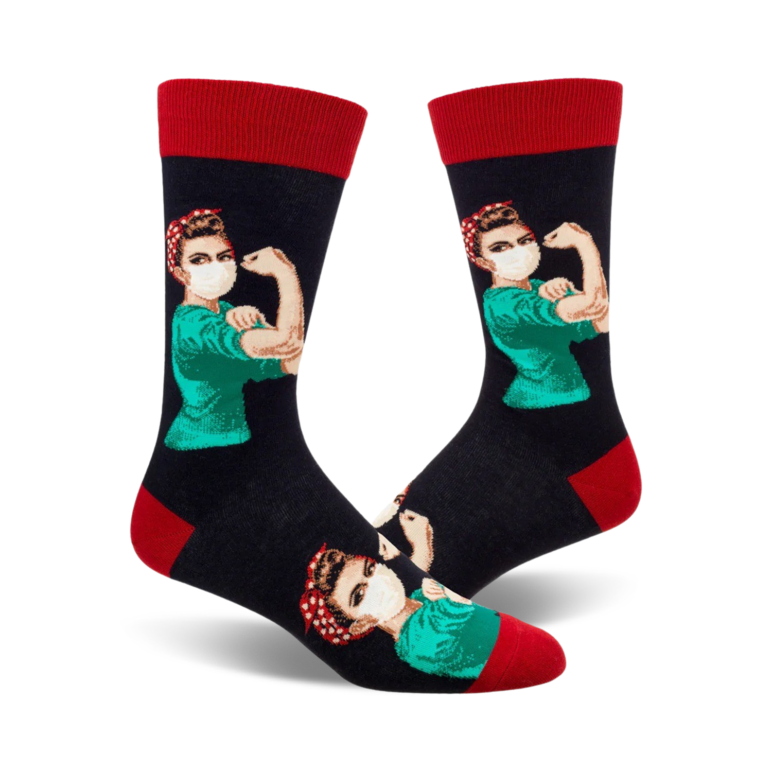 Crew socks with a navy blue background, featuring a Rosie the Riveter-style nurse wearing a mask, in teal scrubs, with red polka dot bandana.