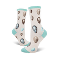 Cream crew socks with a pattern of brown, beige, and blue bird eggs.  The socks have a light teal cuff.