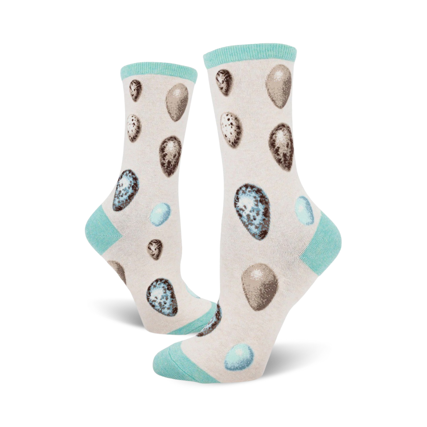Cream crew socks with a pattern of brown, beige, and blue bird eggs.  The socks have a light teal cuff.