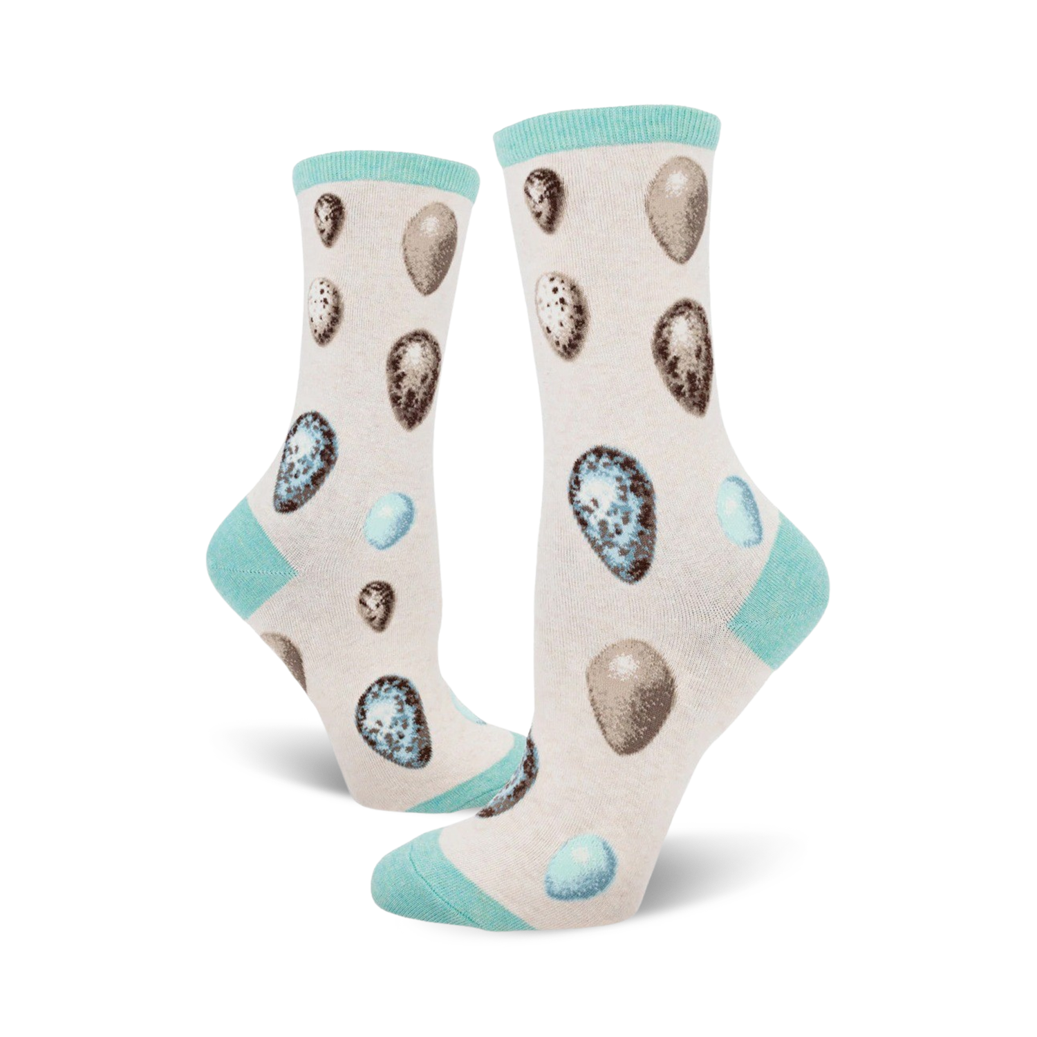 Cream crew socks with a pattern of brown, beige, and blue bird eggs.  The socks have a light teal cuff.