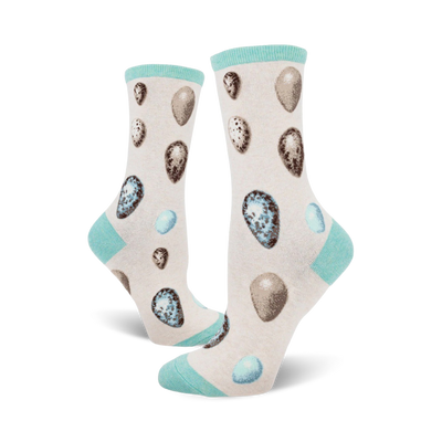 women's light beige crew socks with blue top and bird egg pattern.   