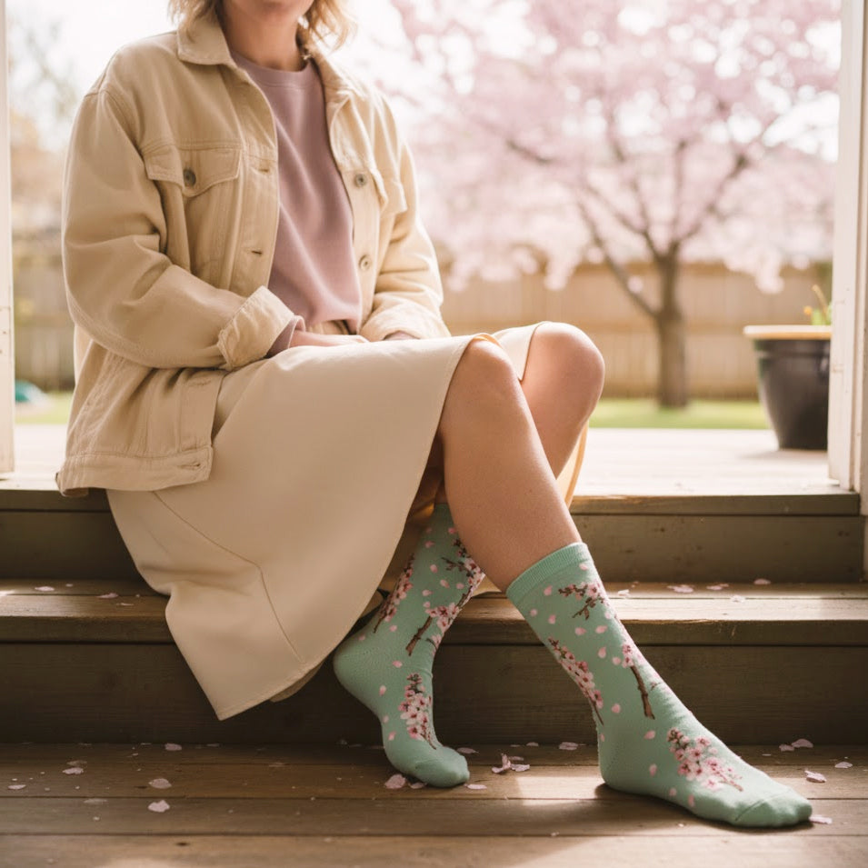 Woman in beige outfit sits on steps, wearing mint green cherry blossom crew socks, with a pink tree backdrop. [lf]