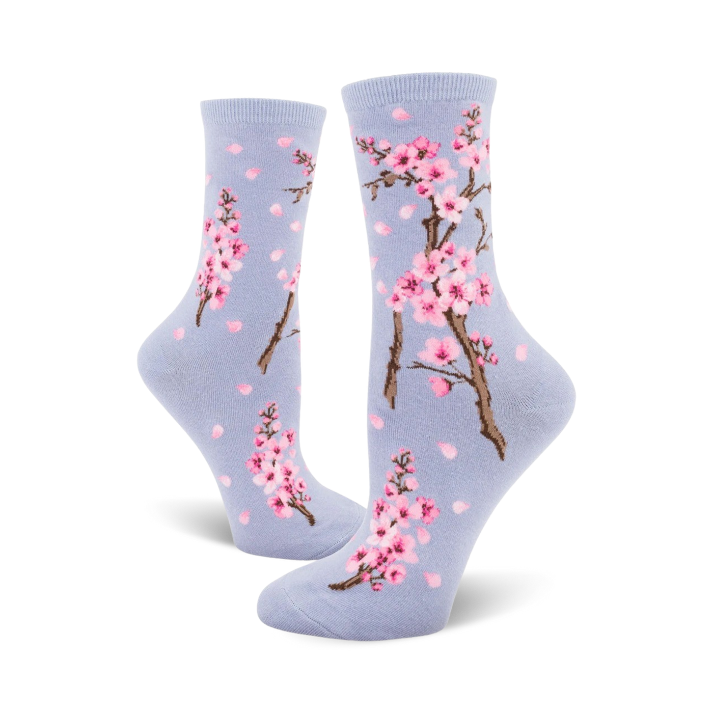 Lifestyle shot showing the lavender-colored Cherry Blossom socks on a model's feet.