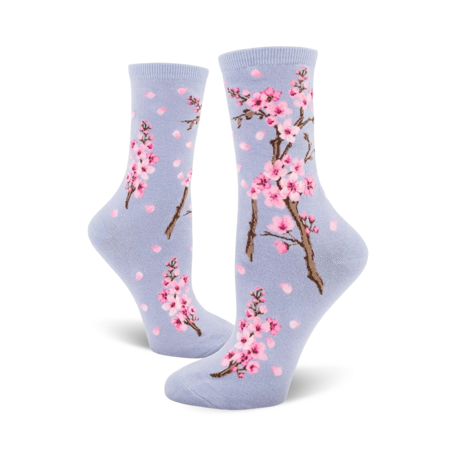 Lifestyle shot showing the lavender-colored Cherry Blossom socks on a model's feet.