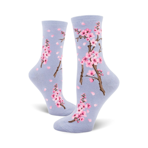 Lifestyle shot showing the lavender-colored Cherry Blossom socks on a model's feet.