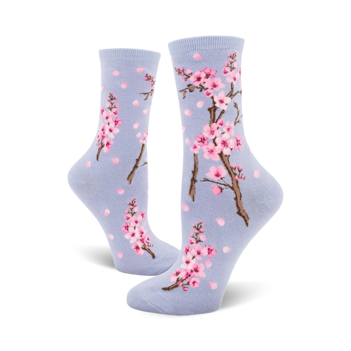 cherry blossom pattern, light blue background, crew length socks.  