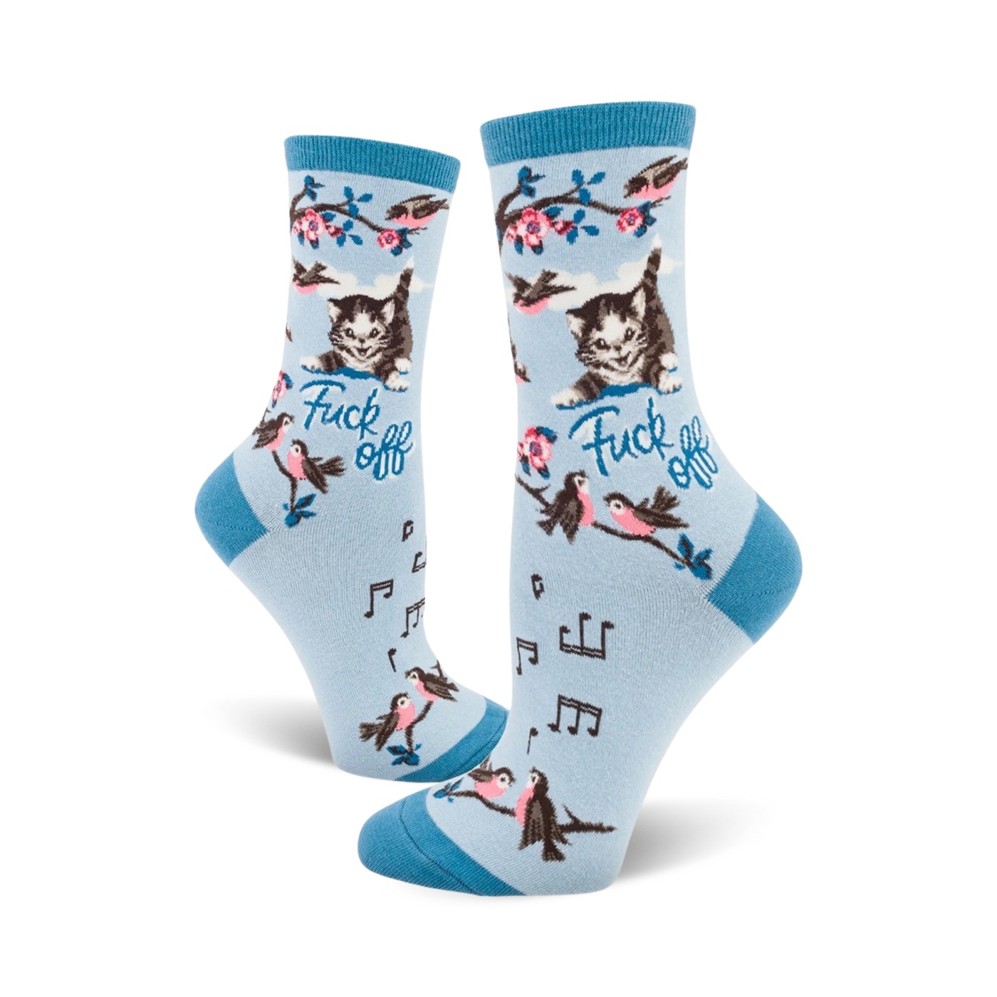 Crew socks in light blue with a cute kitty, birds, musical notes, and the phrase 'Fuck Off' printed on them.