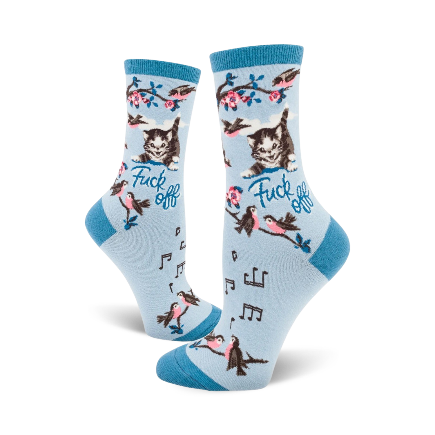 Crew socks in light blue with a cute kitty, birds, musical notes, and the phrase 'Fuck Off' printed on them.