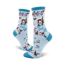 fuck off kitty cat cat themed womens blue novelty crew socks