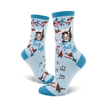 floral and music theme womens crew socks with cats giving the middle finger.  