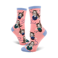 Crew socks in pink with a pattern of grey kittens playing with balls of yarn. Blue accents on the cuffs.