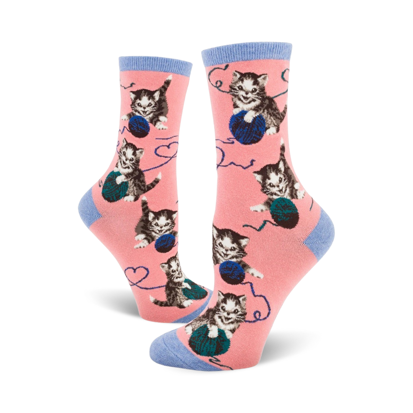 Crew socks in pink with a pattern of grey kittens playing with balls of yarn. Blue accents on the cuffs.