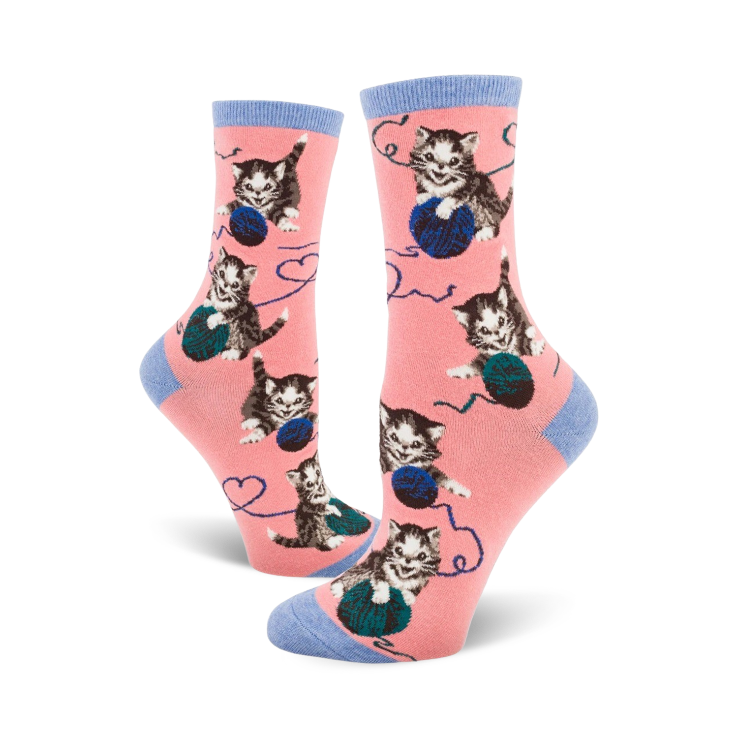 Crew socks in pink with a pattern of grey kittens playing with balls of yarn. Blue accents on the cuffs.