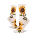 Cream crew socks with yellow and brown sunflower designs.  Sunflowers are depicted with stems and leaves on a cream background.