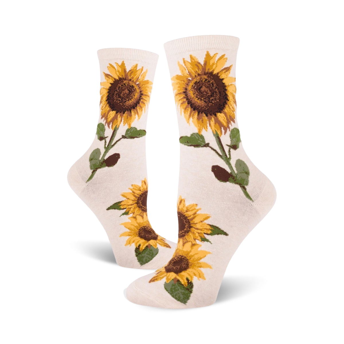 Cream crew socks with yellow and brown sunflower designs.  Sunflowers are depicted with stems and leaves on a cream background.