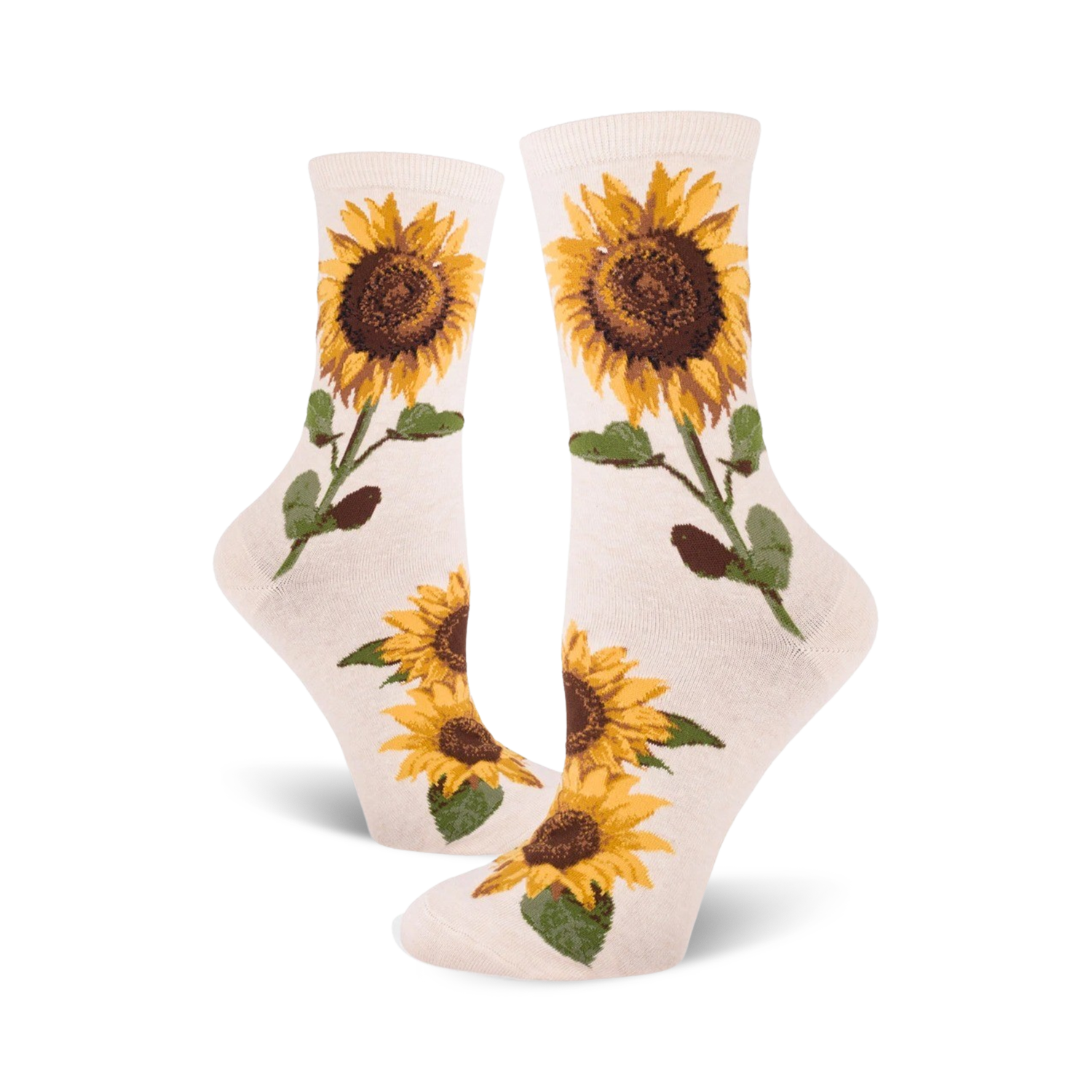 Cream crew socks with yellow and brown sunflower designs.  Sunflowers are depicted with stems and leaves on a cream background.