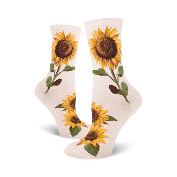 white crew socks with yellow, orange, and brown sunflower graphics, ribbed tops.   