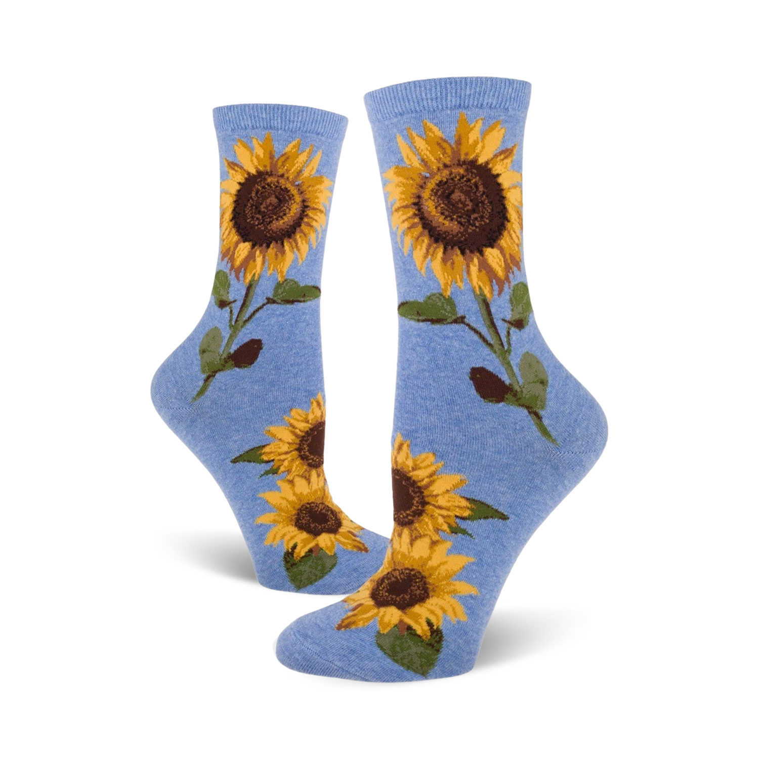 A pair of blue crew socks with sunflower designs shown on a white background.