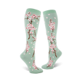 Pair of women's knee-high socks. Mint green background with pink cherry blossoms and falling petals.