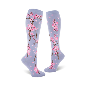 light blue knee-high cotton socks with pink and white cherry blossom pattern.  