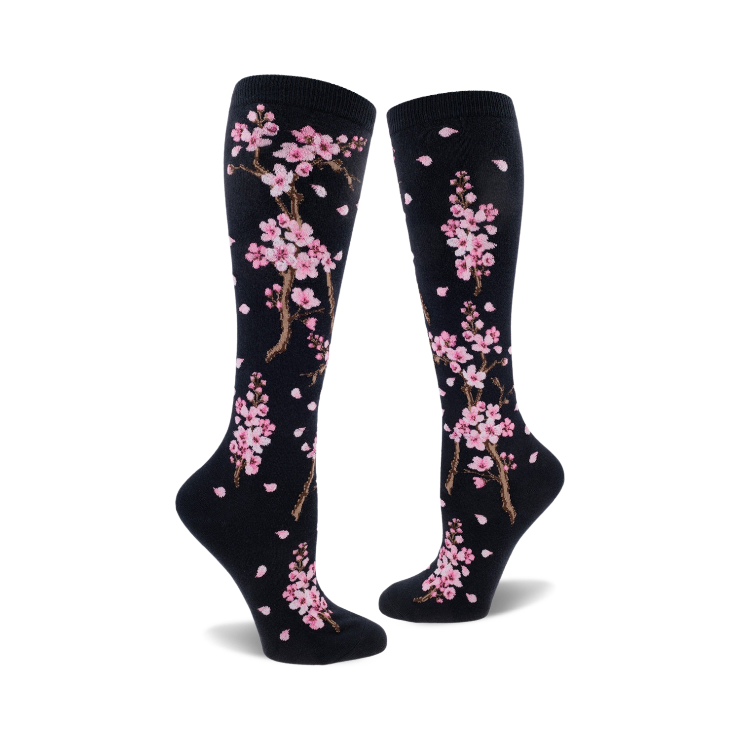 Flat lay product shot of the black Cherry Blossom knee-high socks.