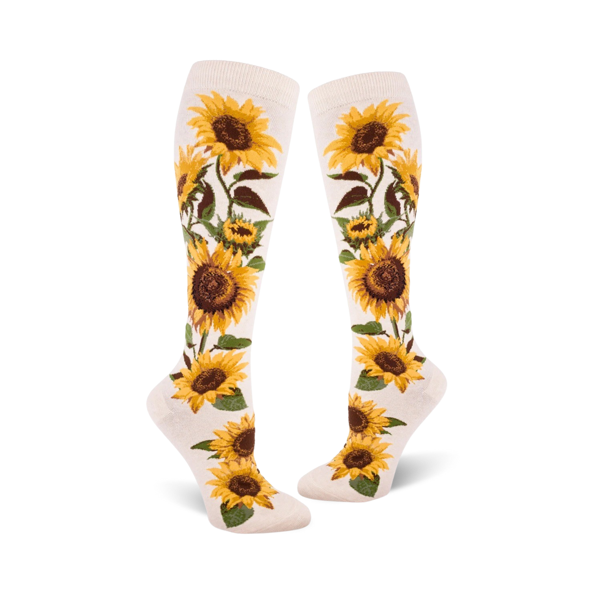 Pair of cream and yellow knee-high socks with a sunflower print. The sunflowers are realistically rendered with brown centers and green leaves.