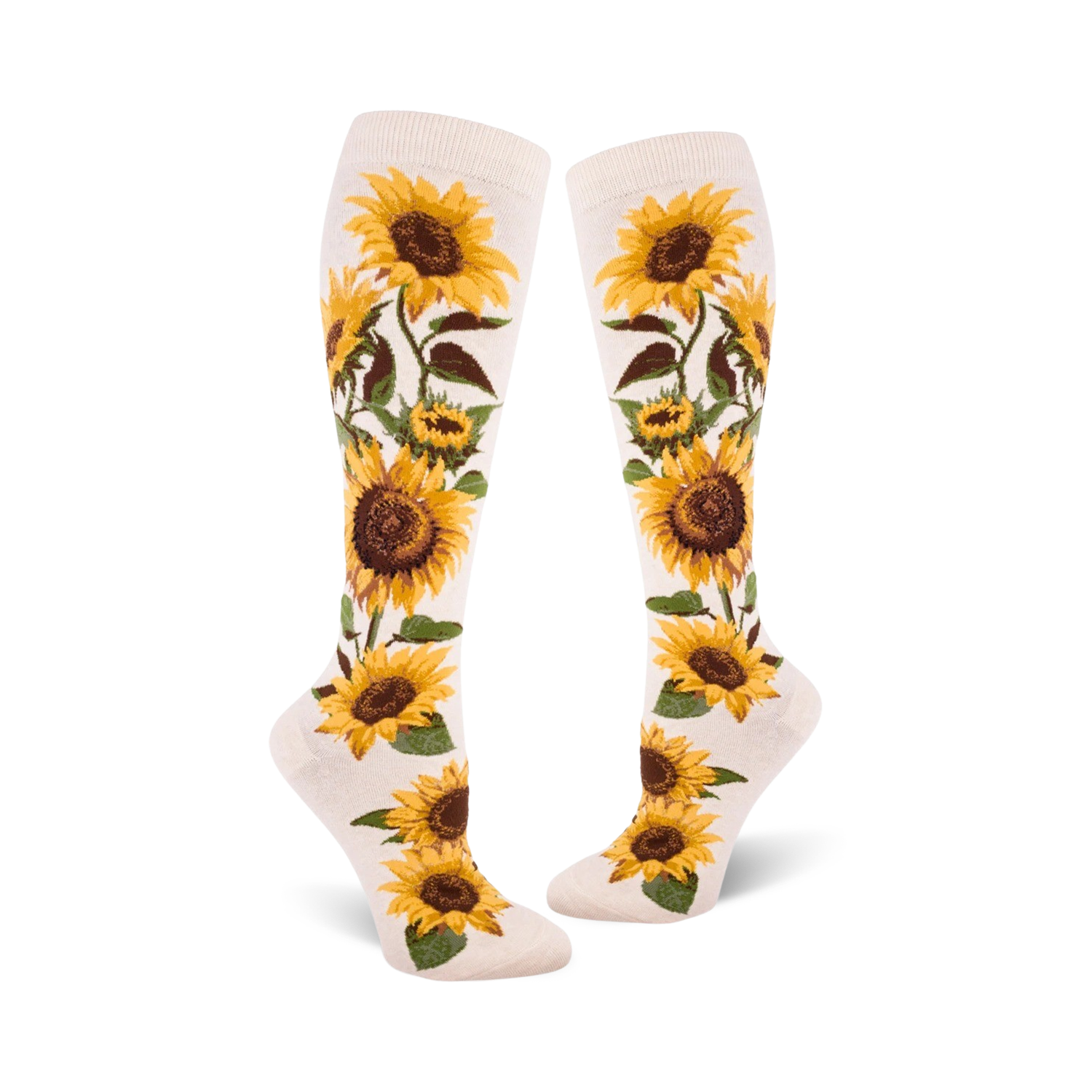 Pair of cream and yellow knee-high socks with a sunflower print. The sunflowers are realistically rendered with brown centers and green leaves.