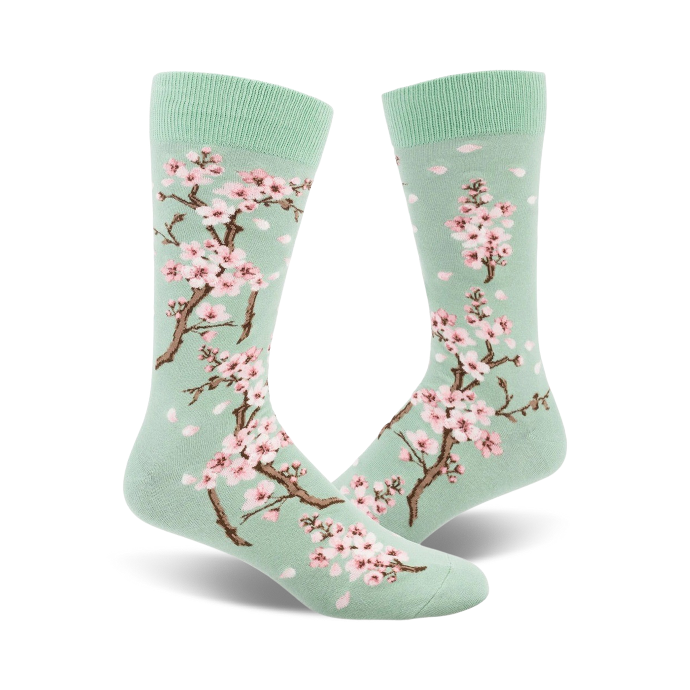 Pair of crew socks, mint green with pink cherry blossoms and petals.  Beautiful floral print.