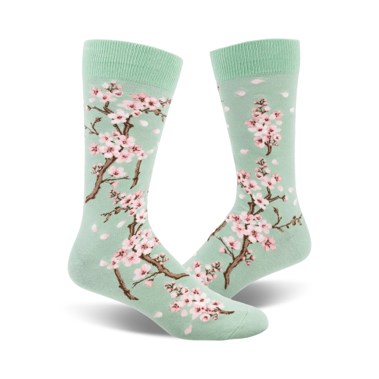 Pair of crew socks, mint green with pink cherry blossoms and petals.  Beautiful floral print.