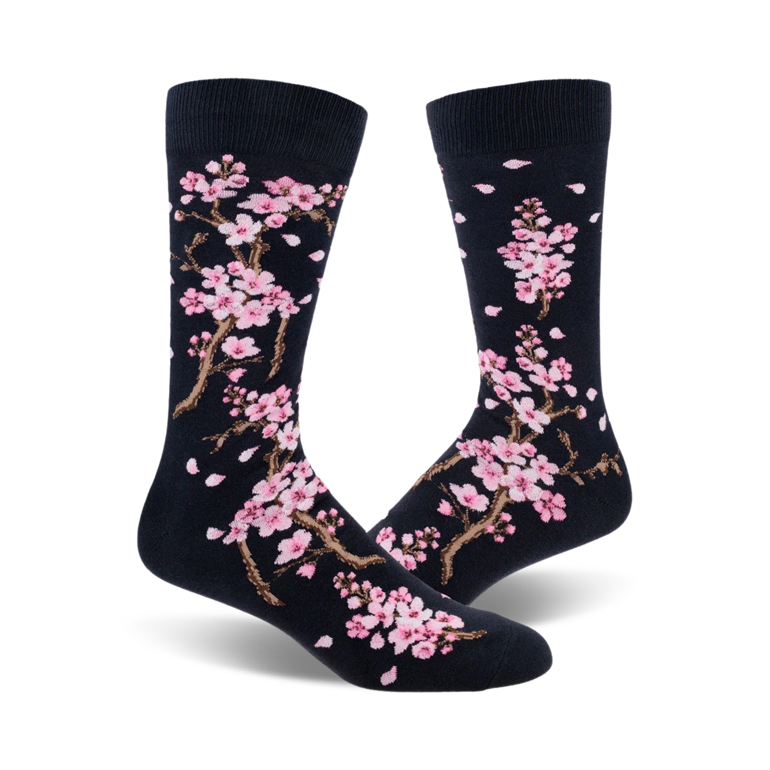 Close-up view of a pair of navy blue crew socks with a delicate pink cherry blossom pattern.