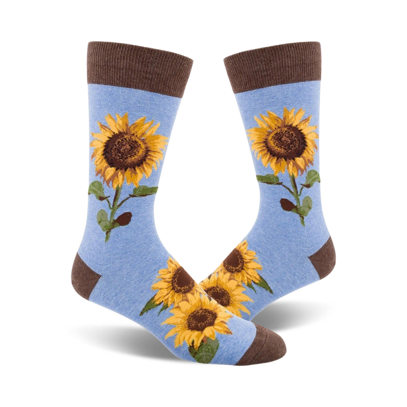 A pair of light blue crew socks with a brown cuff.  Sunflowers are printed on the socks.