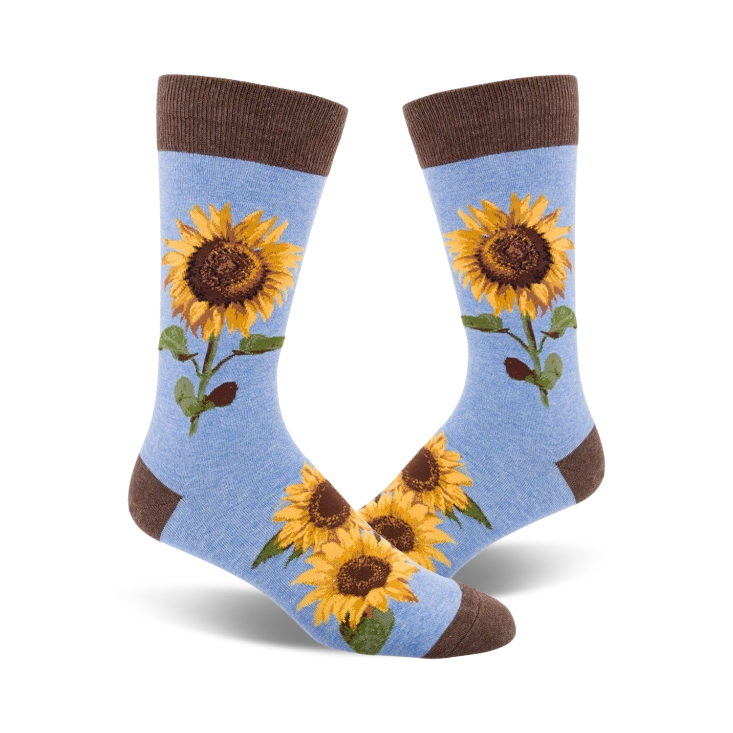 A pair of light blue crew socks with a brown cuff.  Sunflowers are printed on the socks.