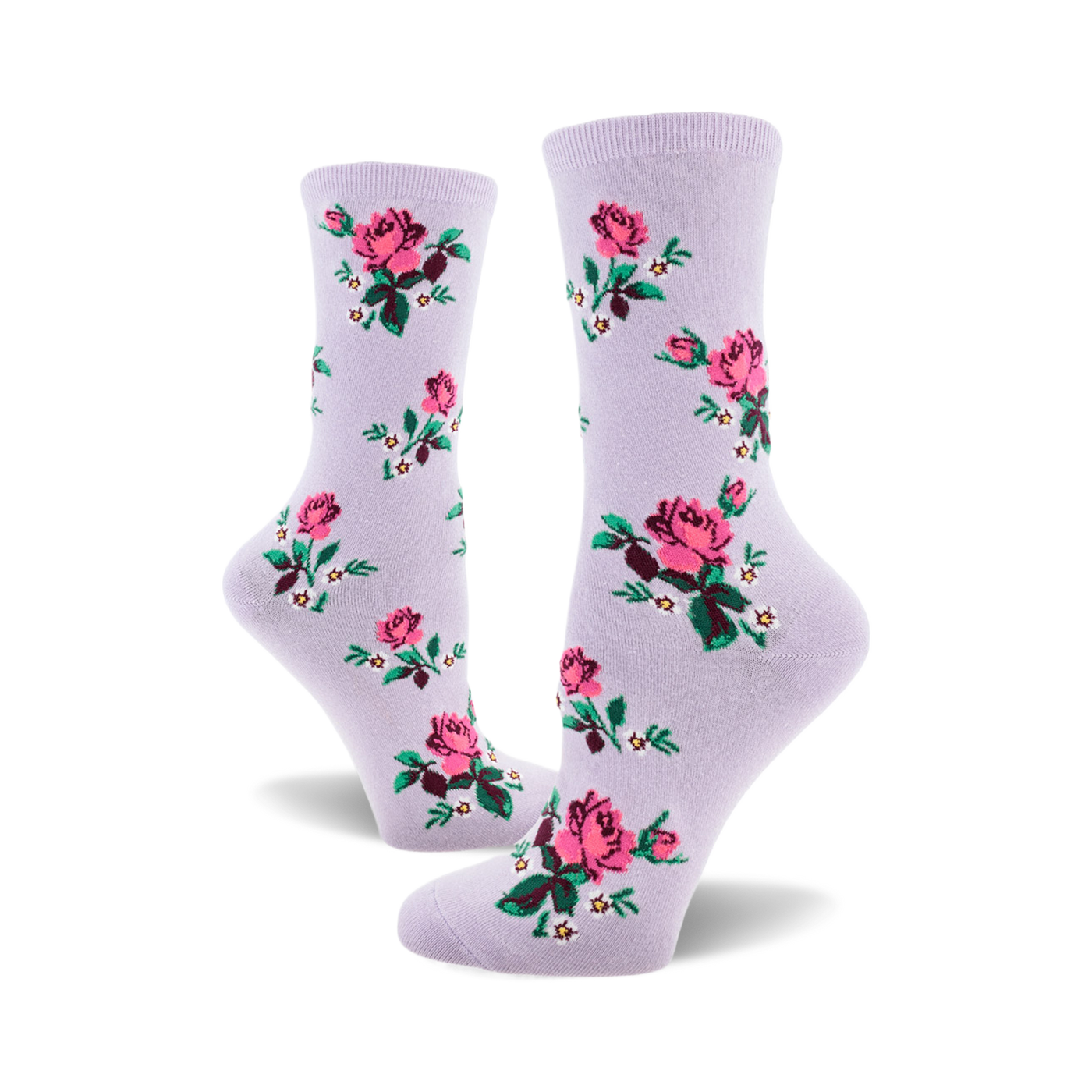 Pair of lavender crew socks with a pattern of pink roses, green leaves, and tiny white flowers.