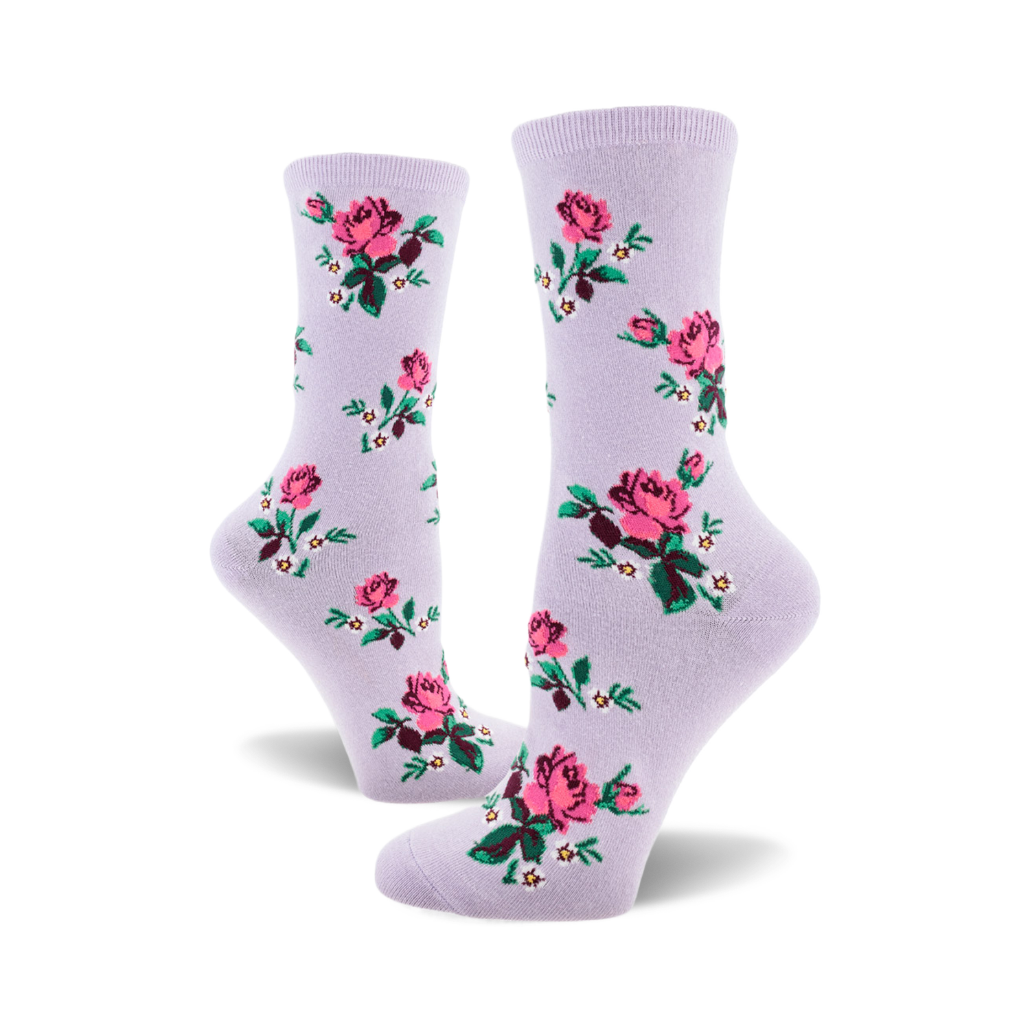 Pair of lavender crew socks with a pattern of pink roses, green leaves, and tiny white flowers.