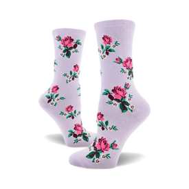 socks that are purple with a pattern of pink roses, green leaves, and white flowers.