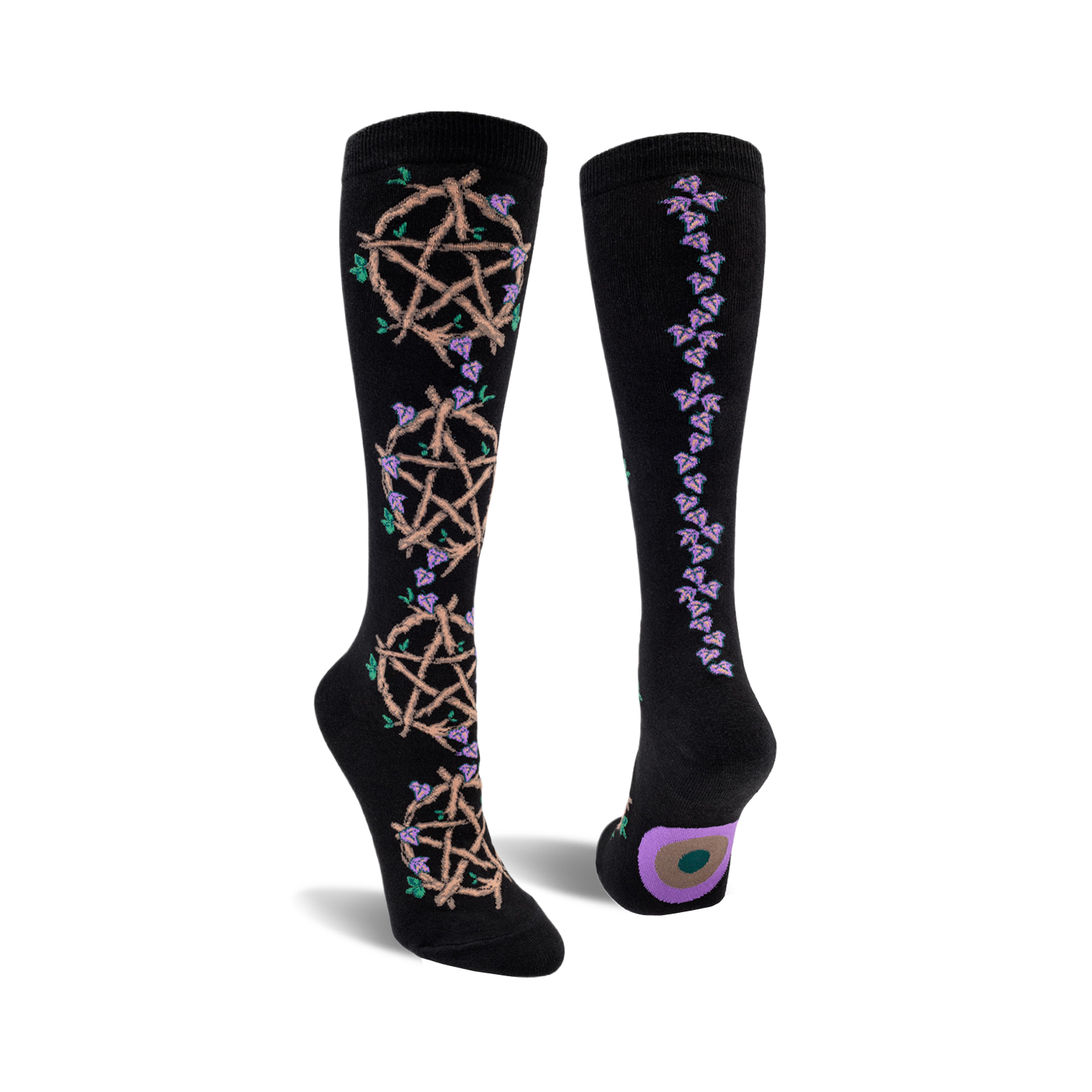 Black knee-high socks with repeating pentagram design entwined with purple flowers. One sock features a vertical flower pattern.